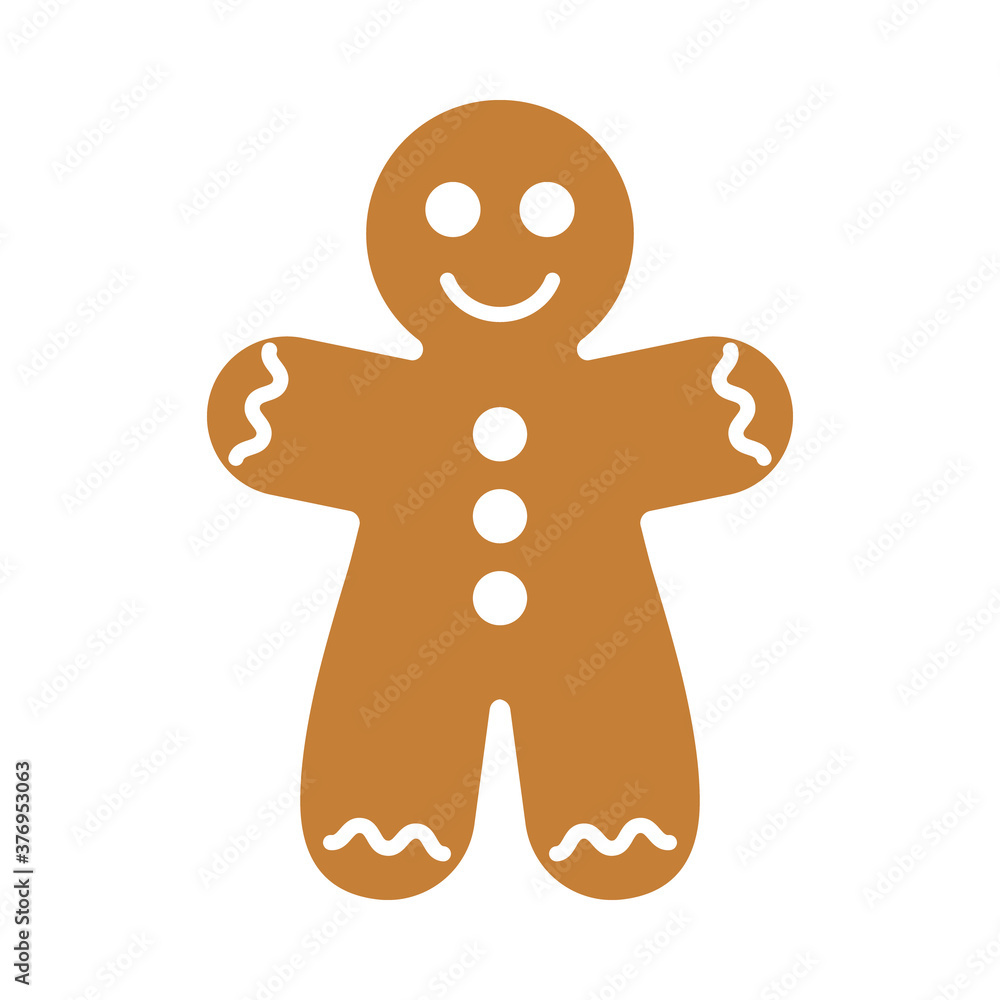 Fototapeta premium Christmas gingerbread man cookie. Ginger bread man with white icing decoration. Vector cartoon illustration in flat style. Christmas and New Year vector icon. Xmas symbol