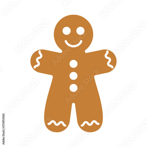 Christmas gingerbread man cookie. Ginger bread man with white icing decoration. Vector cartoon illustration in flat style. Christmas and New Year vector icon. Xmas symbol