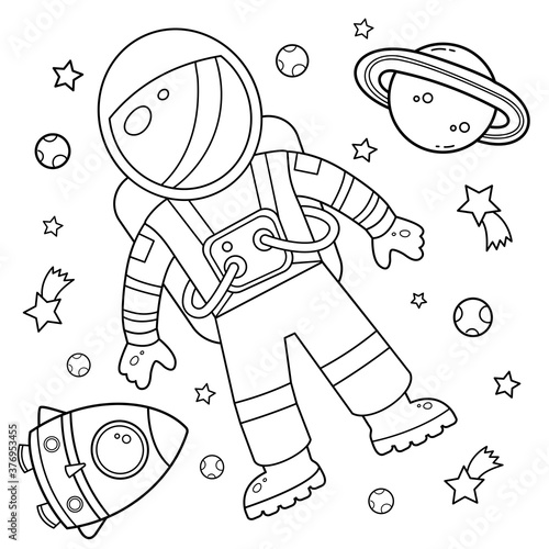 Coloring Page Outline Of a cartoon rocket with astronaut in space. Coloring book for kids.