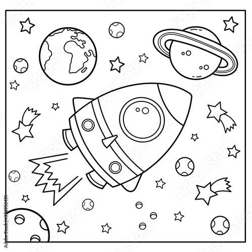 Coloring Page Outline Of a cartoon rocket in space. Coloring book for kids.