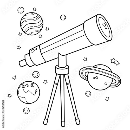 Coloring Page Outline Of a cartoon telescope with stars and planets. Space and astronomy. Coloring book for kids.