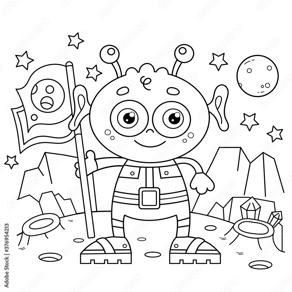 Coloring Page Outline Of a cartoon little alien with flag on ...