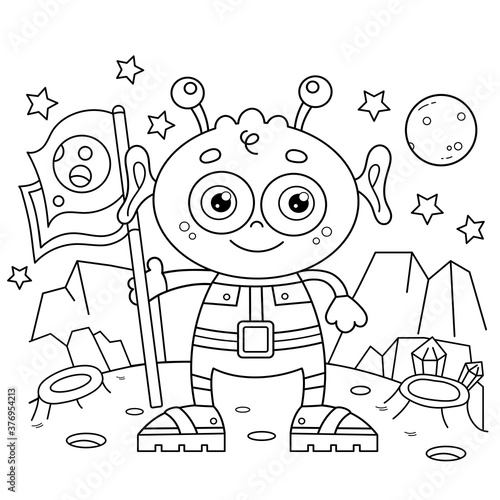 Coloring Page Outline Of a cartoon little alien with flag on planet. Space. Coloring book for kids.