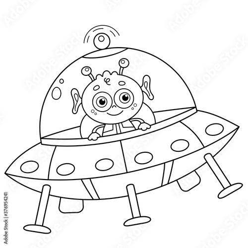 Coloring Page Outline Of a cartoon flying saucer with alien. Space. Coloring book for kids.