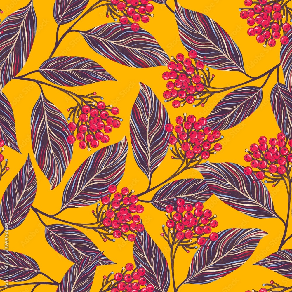 Seamless pattern with red berries on a branch with colorful leaves on yellow background.