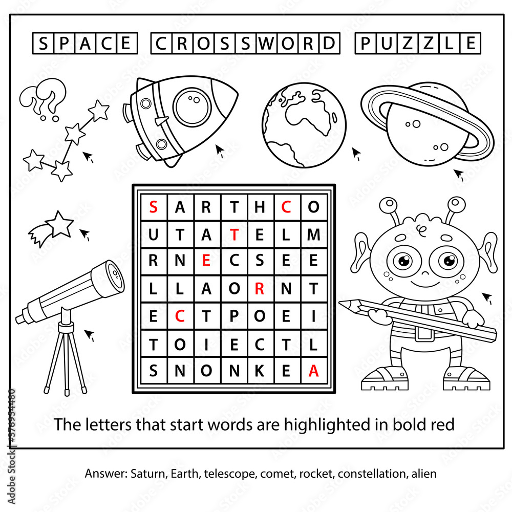 Space crossword puzzle. Alien with telescope, and rocket