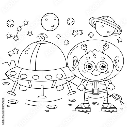 Coloring Page Outline Of a cartoon alien with a flying saucer on a planet in space. Coloring book for kids.