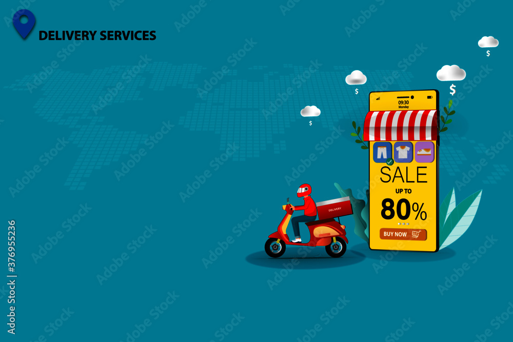 Concept of delivery services, scooter man is preparing to deliver the goods to customer that ordered from the application on mobile in green color background. Vector 3D design. Concept of delivery services, scooter man is preparing to deliver the goods to customer that ordered from the application on mobile in green color background. Vector 3D design.