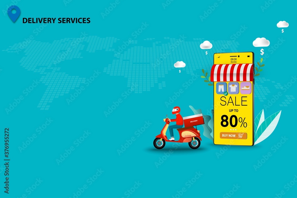 Fototapeta premium Concept of delivery services, scooter man is preparing to deliver the goods to customer that ordered from the application on mobile in green color background. Vector 3D design.