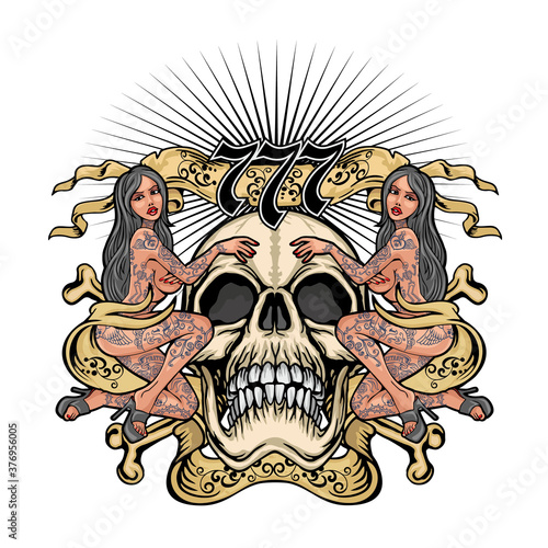 Gothic sign with skull and sexy tattooed girls, grunge vintage design t shirts

