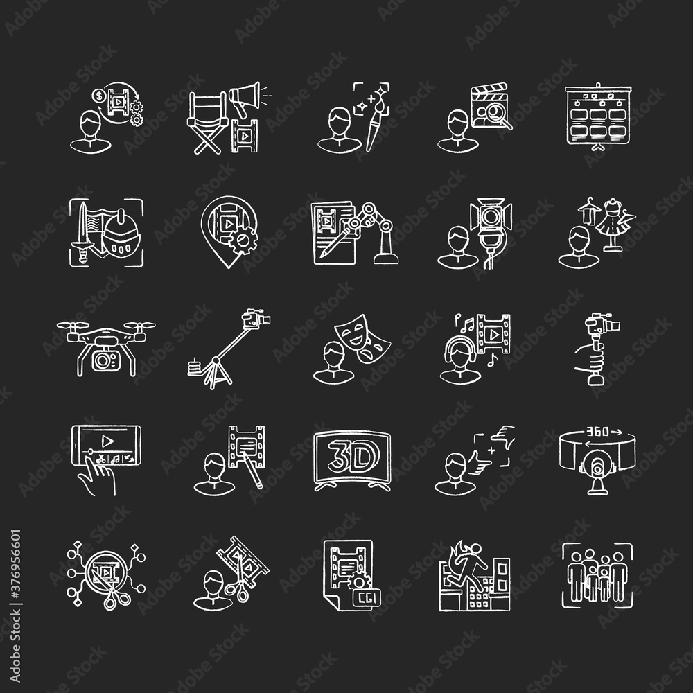 Film making process and staff chalk white icons set on black background. Art director. AI written screenplay. Hollywood actor. Theatrical props. Isolated vector chalkboard illustrations Film making process and staff chalk white icons set on black background. Art director. AI written screenplay. Hollywood actor. Theatrical props. Isolated vector chalkboard illustrations
