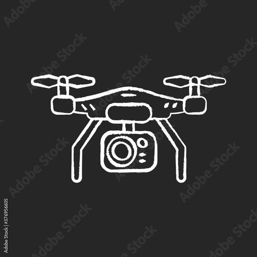 Drone camera chalk white icon on black background. Mobile helicopter to shoot panoramic frame. Flying gadget for hobby filmmaking. Photograph from air. Isolated vector chalkboard illustration