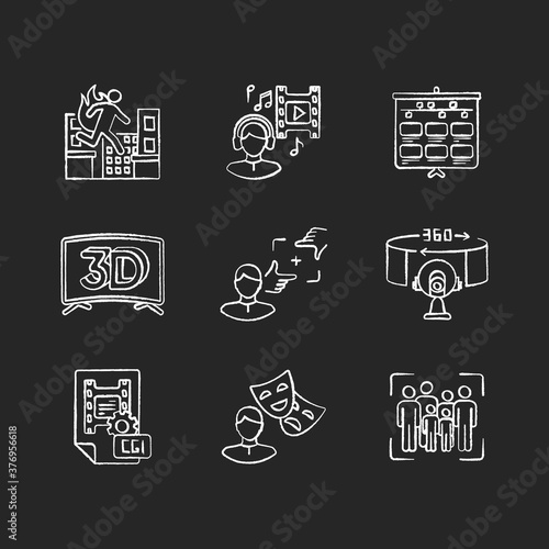 Film making chalk white icons set on black background. Visual development for movie. Special effect for cinematography and animation. Theater actor. Isolated vector chalkboard illustrations