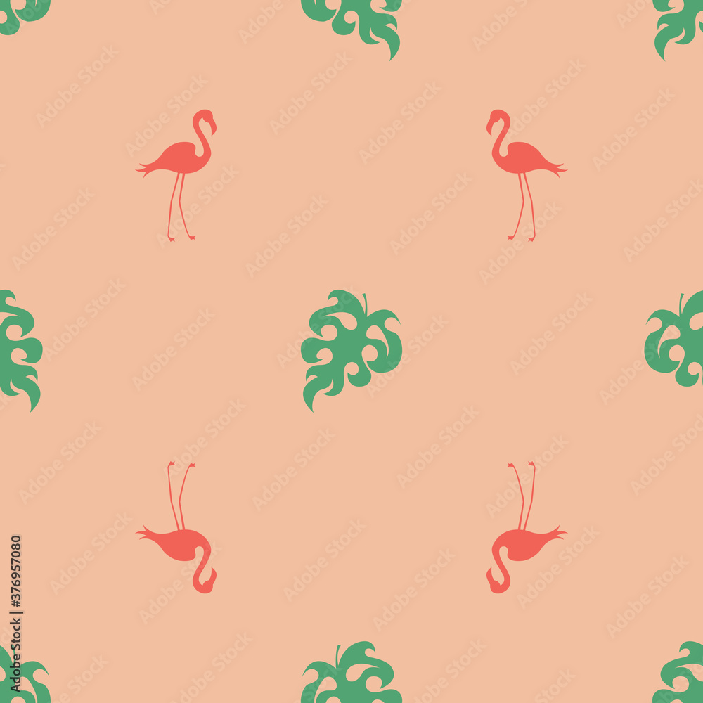 Fototapeta premium Seamless pattern with red flamingos, green leaves on a light orange background. Vector illustration for design packaging, wallpaper, fabric, textile, stationery, accessories.