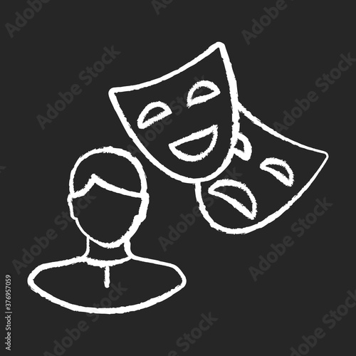 Actor chalk white icon on black background. Theater performer. Drama professional. Artist with theatrical mask. Broadway star. Comedy show performance. Isolated vector chalkboard illustration