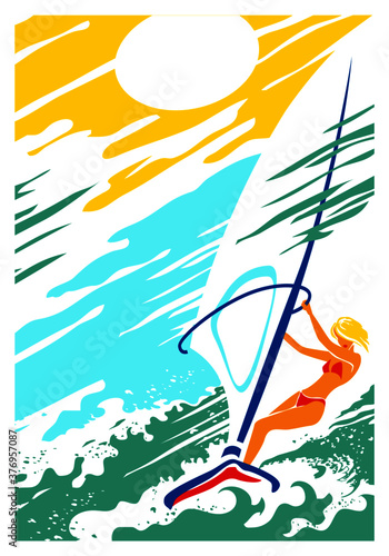 Recreation, sports and active pastime. beautiful girl on a windsurfer in the open sea. Vector drawing for  illustrations.