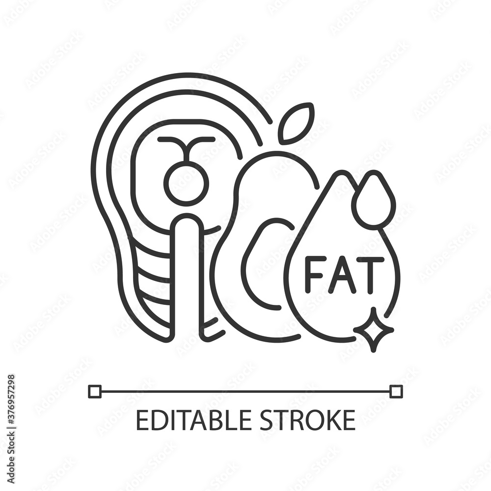 Fats linear icon. Good nourishment for dietary. Food group for digestion. Menu for dietary. Thin line customizable illustration. Contour symbol. Vector isolated outline drawing. Editable stroke Fats linear icon. Good nourishment for dietary. Food group for digestion. Menu for dietary. Thin line customizable illustration. Contour symbol. Vector isolated outline drawing. Editable stroke