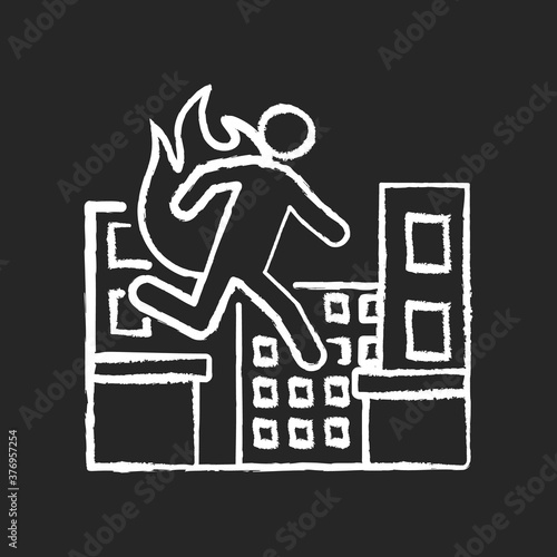 Stuntman chalk white icon on black background. Cinema actor. Movie performer professional. Person run in disaster. Safety during fire hazard. Film production. Isolated vector chalkboard illustration