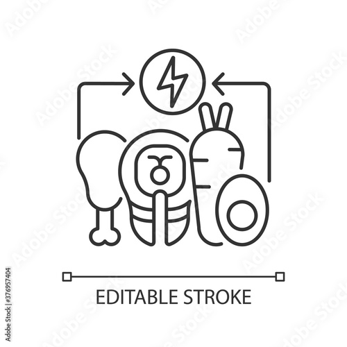 Energy value linear icon. Nutrient food. Nourishment from foodstuff. Healthy eating. Thin line customizable illustration. Contour symbol. Vector isolated outline drawing. Editable stroke