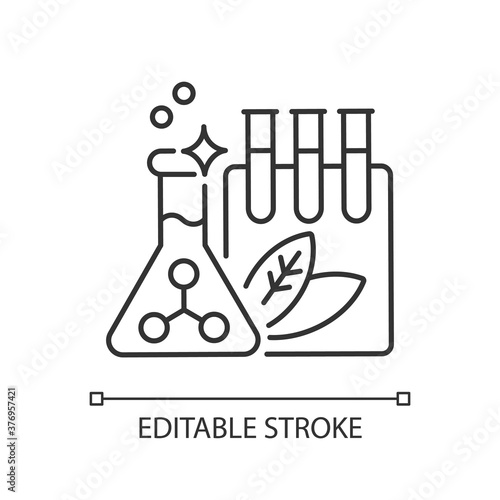 Preservatives linear icon. Science research for foodstuff conservation. Flask with liquid. Thin line customizable illustration. Contour symbol. Vector isolated outline drawing. Editable stroke