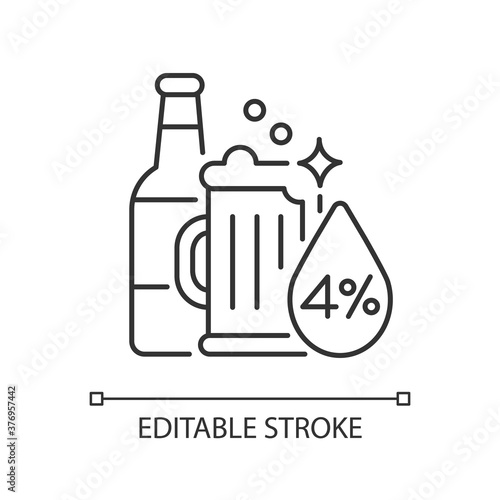 Alcohol linear icon. Beverage in bottle. Spirit with alcoholic percent. Beer glass. Drink in mug. Thin line customizable illustration. Contour symbol. Vector isolated outline drawing. Editable stroke