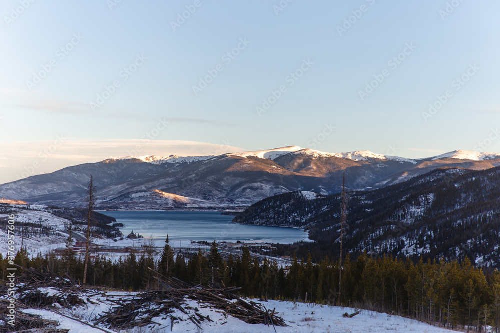View of a valley on a sunrise in the mountains in winter