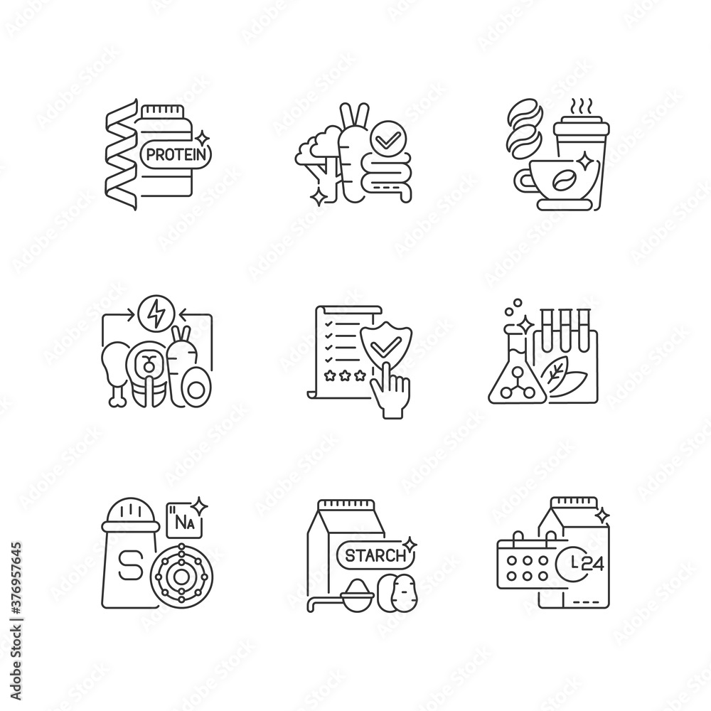 Fototapeta premium Nutrient food linear icons set. Protein supplement. Fibre for digestion. Chemical preservative. Customizable thin line contour symbols. Isolated vector outline illustrations. Editable stroke