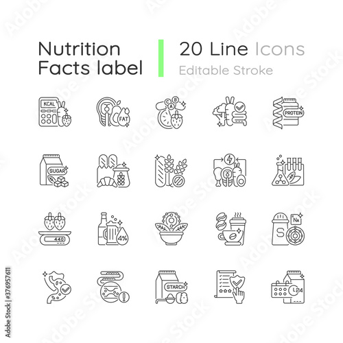 Healthy eating linear icons set. Protein supplement. Vitamin pill. Food group. Dietary ingredients. Customizable thin line contour symbols. Isolated vector outline illustrations. Editable stroke photo