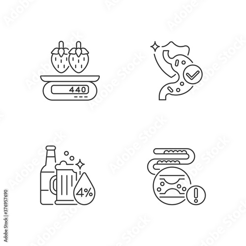 Foodstuff linear icons set. Cholesterol in blood disease. Serving information. Strawberry on scales. Customizable thin line contour symbols. Isolated vector outline illustrations. Editable stroke