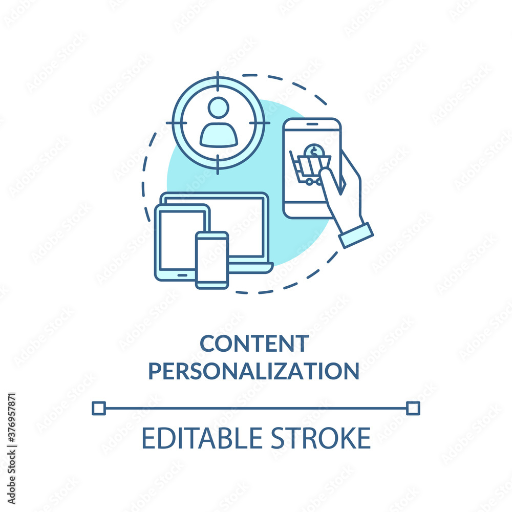 Content personalization concept icon. Digital marketing campaign idea thin line illustration. Online shopping. Targeting process. Vector isolated outline RGB color drawing. Editable stroke Content personalization concept icon. Digital marketing campaign idea thin line illustration. Online shopping. Targeting process. Vector isolated outline RGB color drawing. Editable stroke