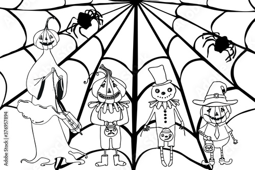 Coloring book for Halloween. Cartoon pumpkin, bats and spiders with cobwebs.