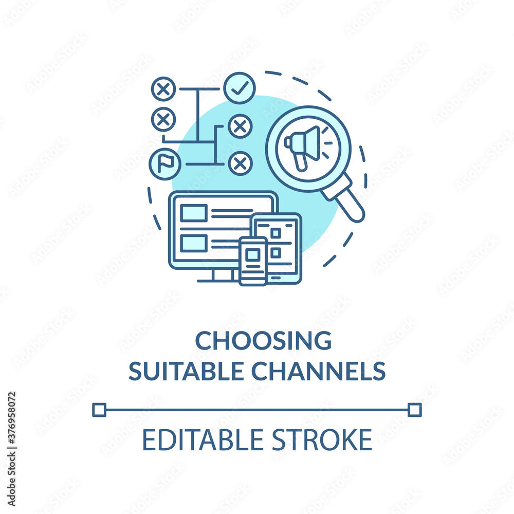 Choosing suitable channels concept icon. Social media marketing idea thin line illustration. Cross-platform advertising strategy. Vector isolated outline RGB color drawing. Editable stroke