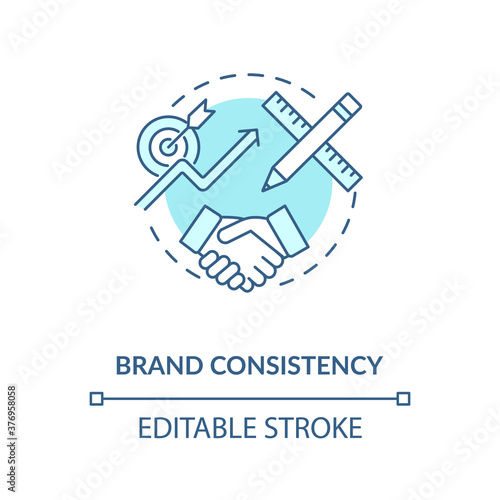 Brand consistency concept icon. Effective marketing strategy creating idea thin line illustration. Brand awareness. Business partnerships. Vector isolated outline RGB color drawing. Editable stroke