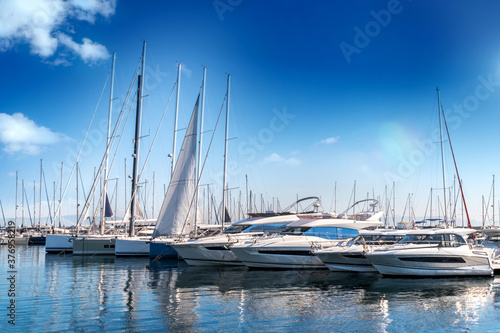 Yacht club and marine deck long view. Boat, yacht,ship & marina.