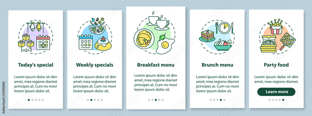 Special offers onboarding mobile app page screen with concepts. Food propositions. Types of meals served walkthrough 5 steps graphic instructions. UI vector template with RGB color illustrations
