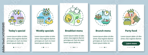 Special offers onboarding mobile app page screen with concepts. Food propositions. Types of meals served walkthrough 5 steps graphic instructions. UI vector template with RGB color illustrations © bsd studio