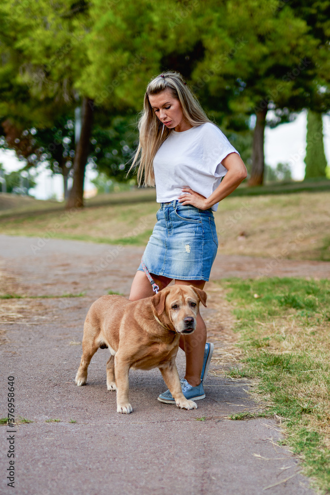 Woman training dog at the park