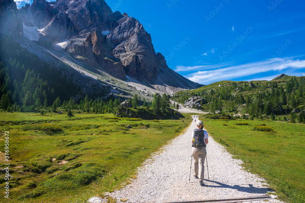 Woman hiking on a trail in the Italian Alps. Pale di San Martino, Trentino, Italy