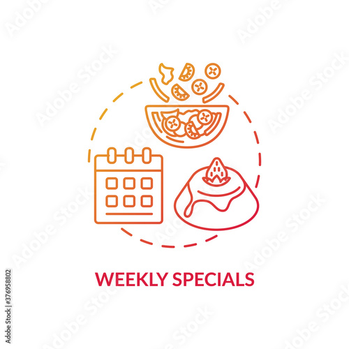 Weekly specials concept icon. Limited food offers. Great restaurant deals. Unique delicious meals advertisement idea thin line illustration. Vector isolated outline RGB color drawing