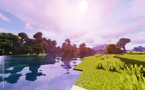 Paysage et rivière sur Minecraft