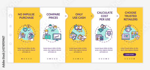 Smart spender tips onboarding vector template. Financial education. Way to become wealthy. Responsive mobile website with icons. Webpage walkthrough step screens. RGB color concept