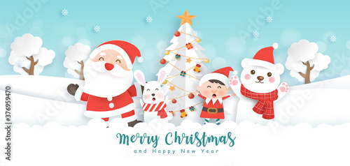 Merry Christmas and happy new year banner with cute Santa and friends in the snow forest. © Nattapohn