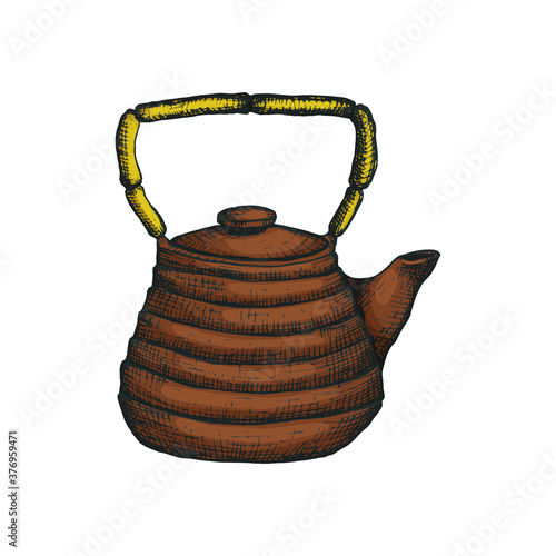 Vector illustration with a Chinese or Japanese ceramic teapot for a tea ceremony in sketch style color. Clay Organic Natural Teapot for Brewing Matcha Tea