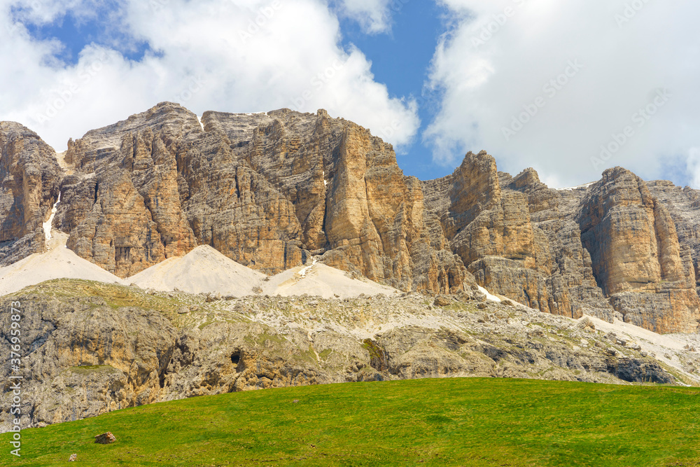 Mountain landscape along the road to Pordoi pass, Dolomites Mountain landscape along the road to Pordoi pass, Dolomites