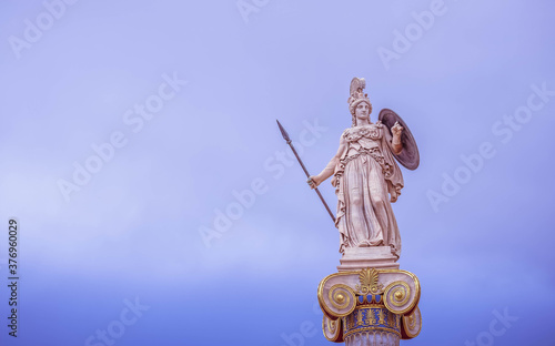 Athena marble statue, the ancient Greek goddess of knowledge and wisdom, space for text