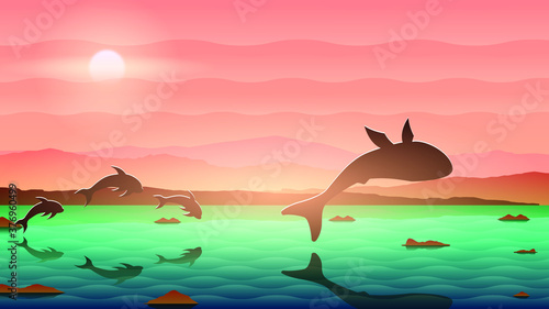 Abstract Sky Orange Gradient Background With Sun Mountains Water Whale Dolphin Fish Vector Design Style Nature Landscape © Дмитрий