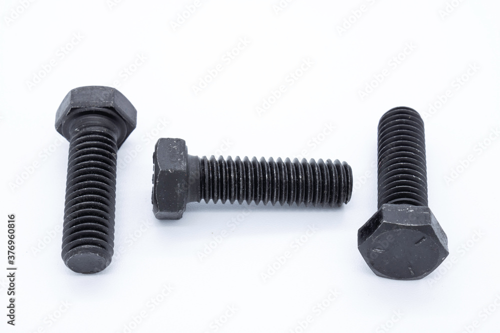 Grade 5 screw, fine rope, hex head, black on white background Grade 5 screw, fine rope, hex head, black on white background