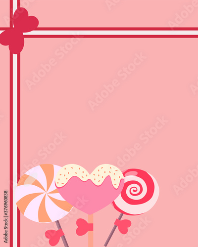 Beautiful frame with three lollipops on a pink background, vector graphics