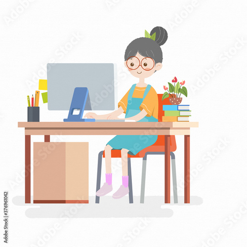 Cute girl studying computer desktop children book illustration