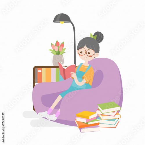Cute girl reading books children book illustration